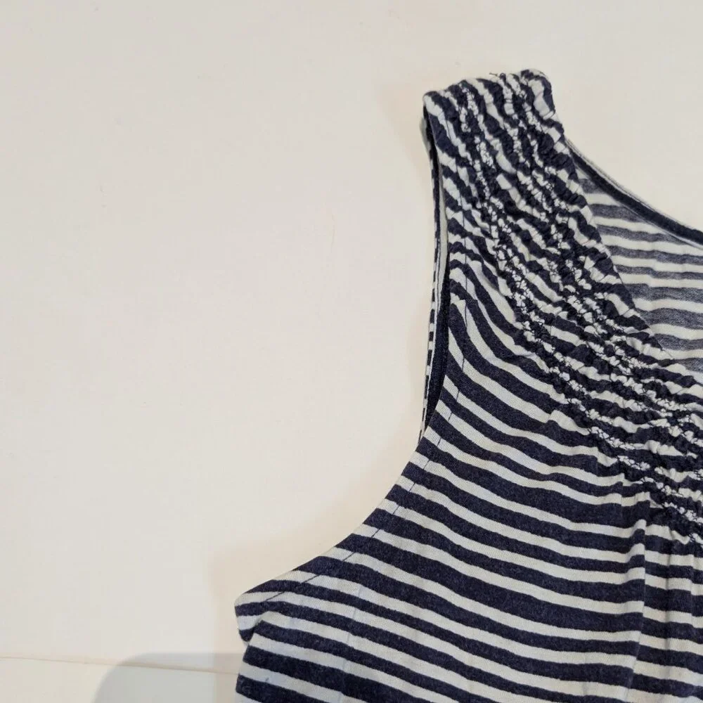 Ann Taylor Loft blue & white stripped sleeveless shirt with smocked neckline, - Picture 4 of 11